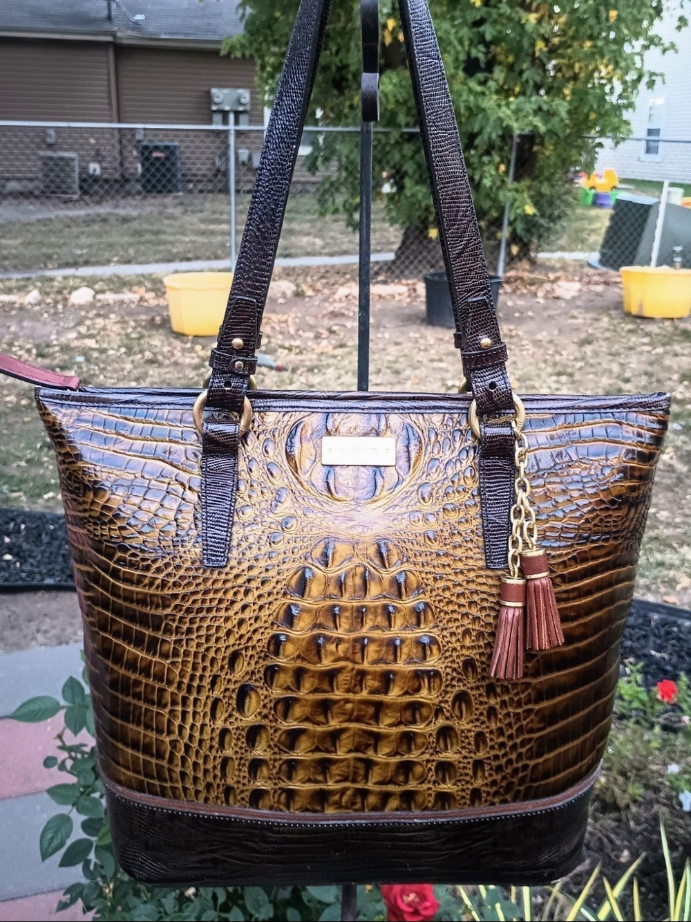 Brahmin Cognac Croc-Embossed Tote with Tassel Charm